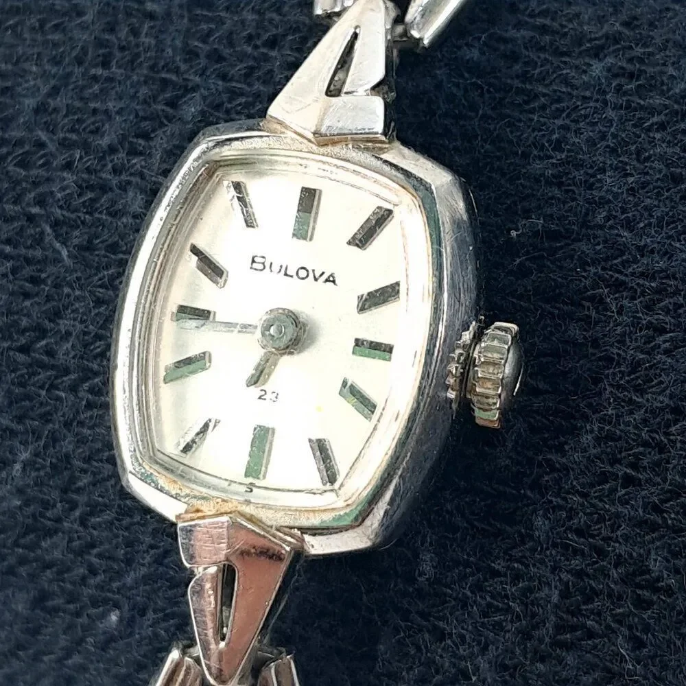 Vintage Bulova watch 23 jewels 10K white gold‎ bracelet ladies women's RGP bezel